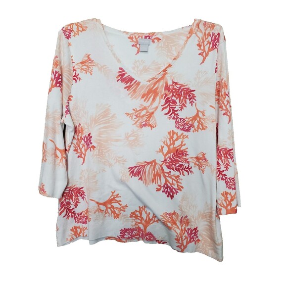 Chico's Pima Cotton Coral Print V-Neck 3/4 Sleeve T-Shirt Sie 4 (XXL) - Picture 1 of 6